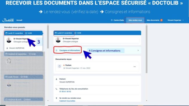 Capture d'écran qui montre comment récupérer ses documents sur le site doctolib